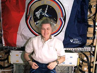  Mission specialist Shannon Lucid poses in the center of the Spacehab module 